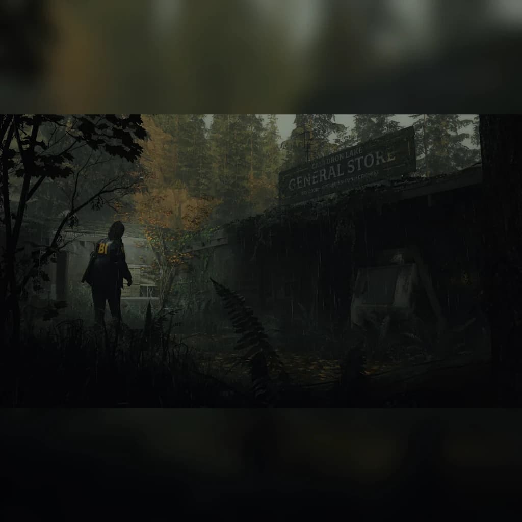 Videojogo Remedy Entertainment Alan Wake 2 Deluxe Edition PS5, em uso: agente FBI diante de General Store abandonada