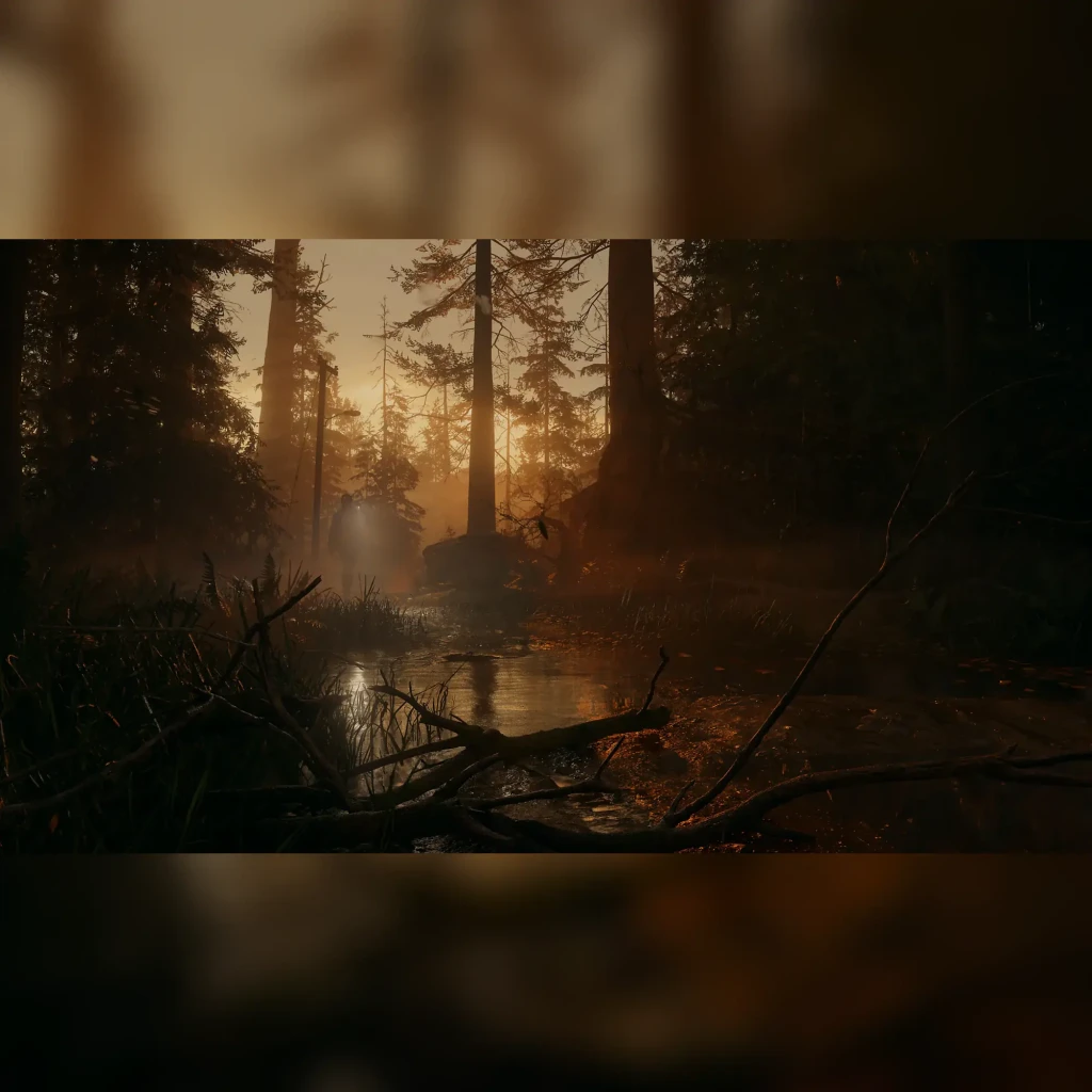 Videojogo Remedy Entertainment Alan Wake 2 Deluxe Edition PS5, em uso: floresta escura com névoa, luz ténue e troncos caídos