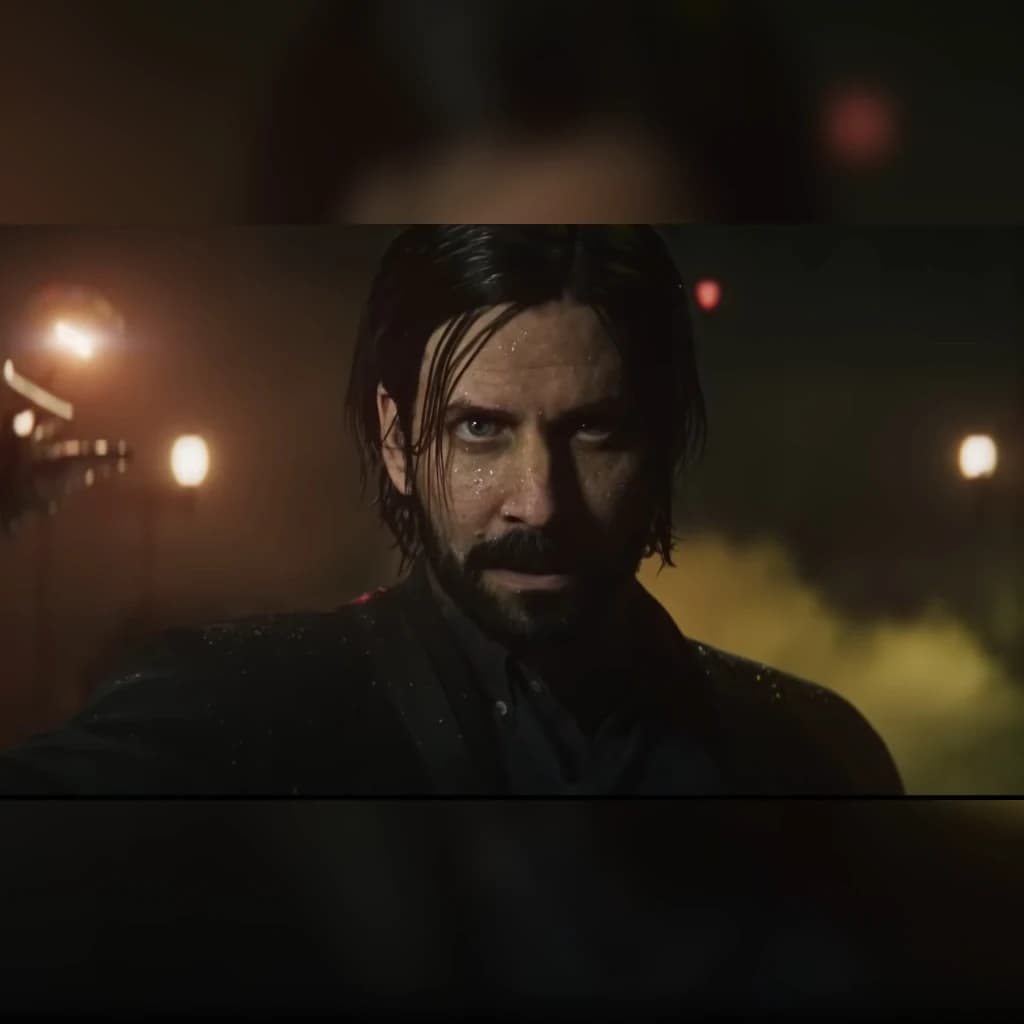 Videojogo Remedy Entertainment Alan Wake 2 Deluxe Edition PS5, em uso: captura do jogo com Alan Wake molhado e tenso rodeado
