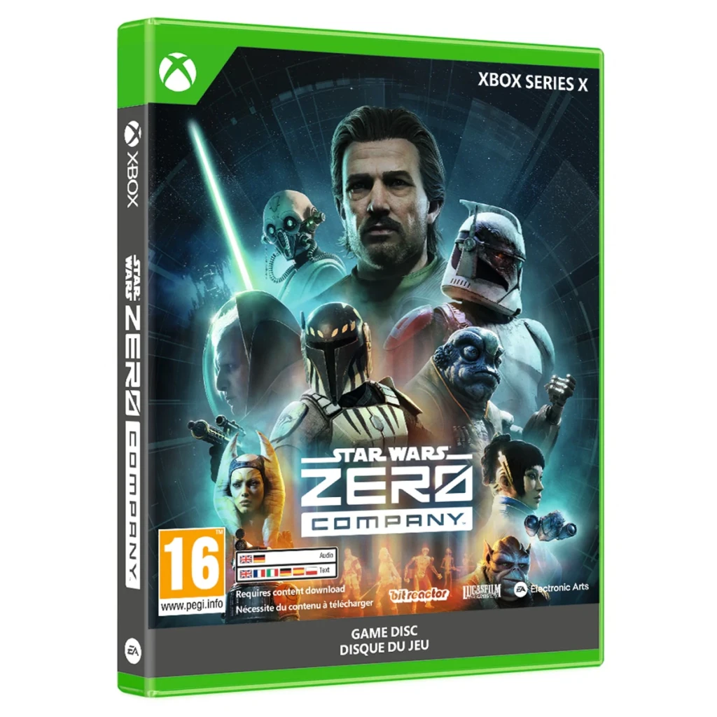 Videojuego Electronic Arts Star Wars Zero Company Xbox Series X, detalle: caja en ángulo con portada de personajes y sello