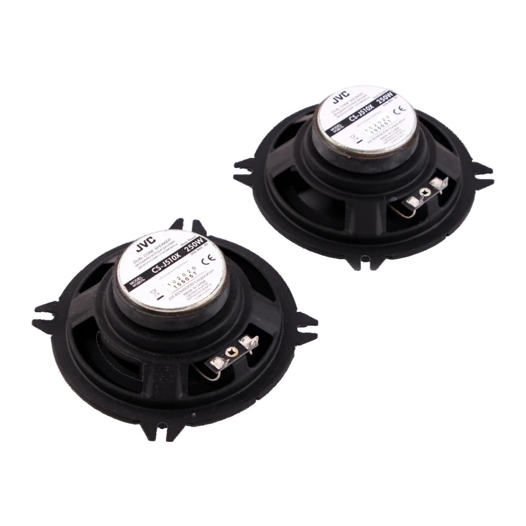 Altavoces para coche JVC 2 vías 30W RMS Negro CS-J510X, vista trasera: par de altavoces con etiqueta JVC y terminales