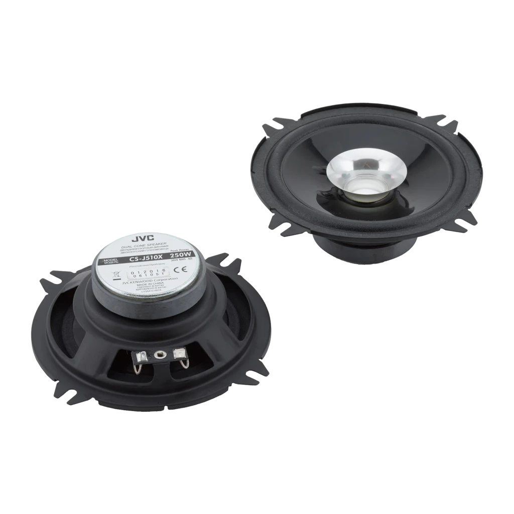 Altavoces para coche JVC 2 vías 30W RMS Negro CS-J510X, detalle: uno boca arriba con cono plateado y otro boca abajo
