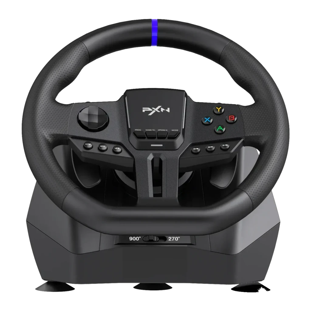 Volante gaming PXN V900 Gen2 Doble motor de vibración PC/Xbox/PS/Switch Negro, detalle frontal: franja azul, botones ABXY