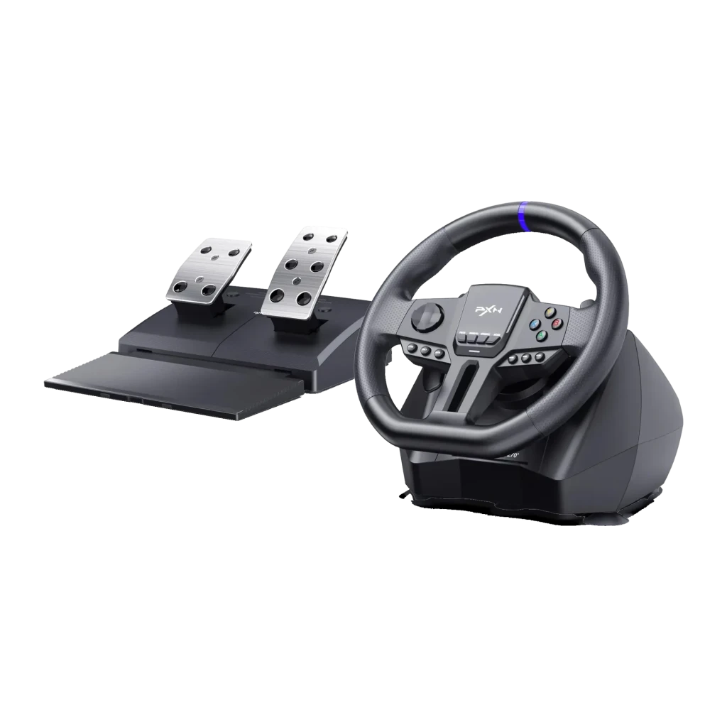 Volante gaming PXN V900 Gen2 Doble motor de vibración PC/Xbox/PS/Switch Negro, detalle: vista lateral con pedales metálicos
