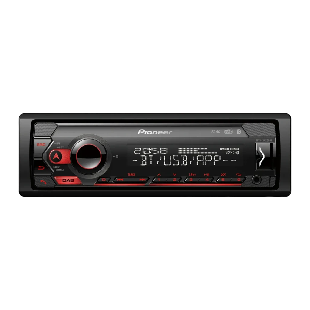 Autorradio Pioneer Negro 1 DIN Bluetooth MVH-S420DAB, vista frontal: pantalla iluminada con BT/USB/APP, botones rojos