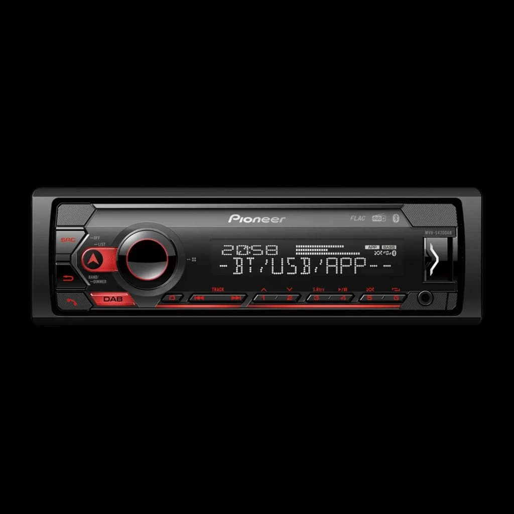 Autorradio Pioneer Negro 1 DIN Bluetooth MVH-S420DAB, vista frontal: pantalla iluminada con BT/USB/APP, botones rojos