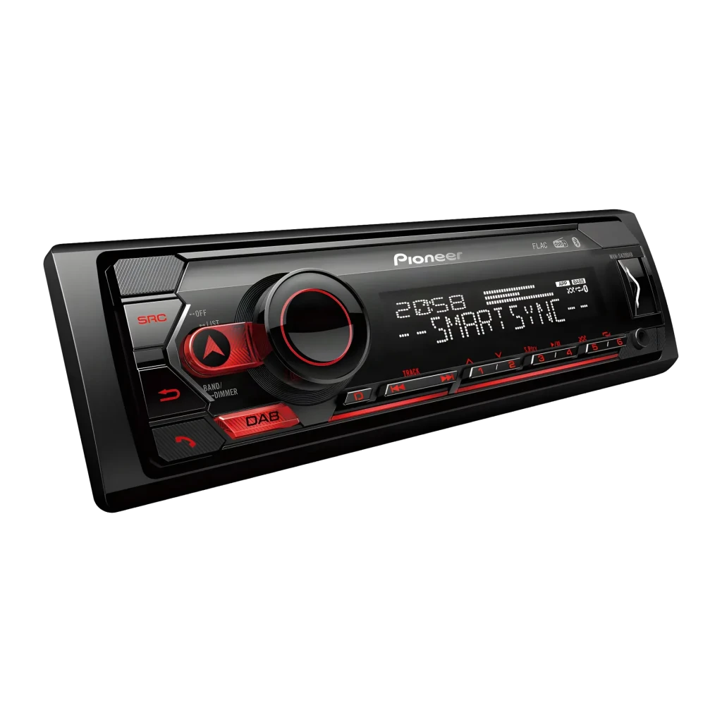 Autorradio Pioneer Negro 1 DIN Bluetooth MVH-S420DAB, detalle: pantalla encendida con SmartSync y botones iluminados en rojo
