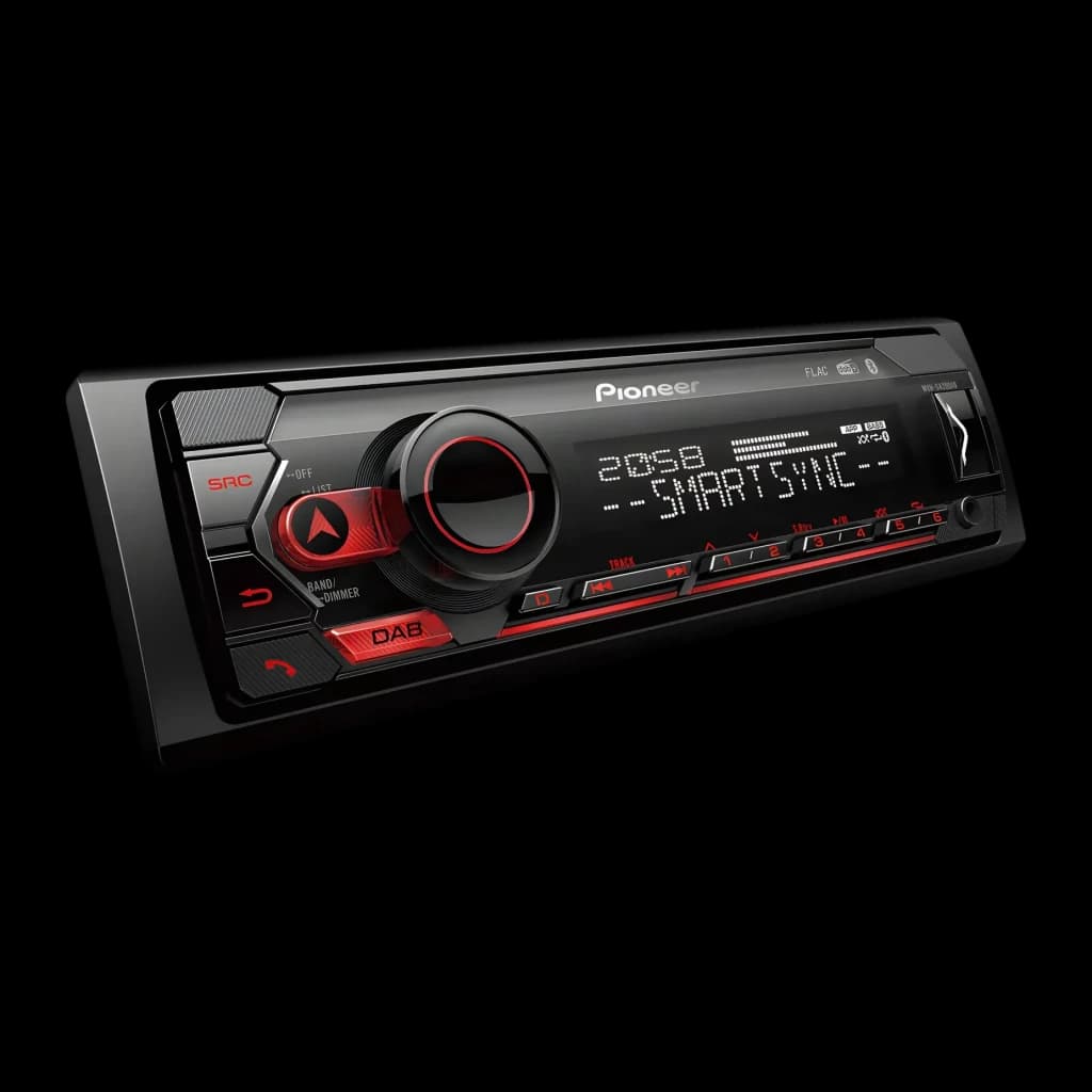 Autorradio Pioneer Negro 1 DIN Bluetooth MVH-S420DAB, detalle: pantalla encendida con SmartSync y botones iluminados en rojo