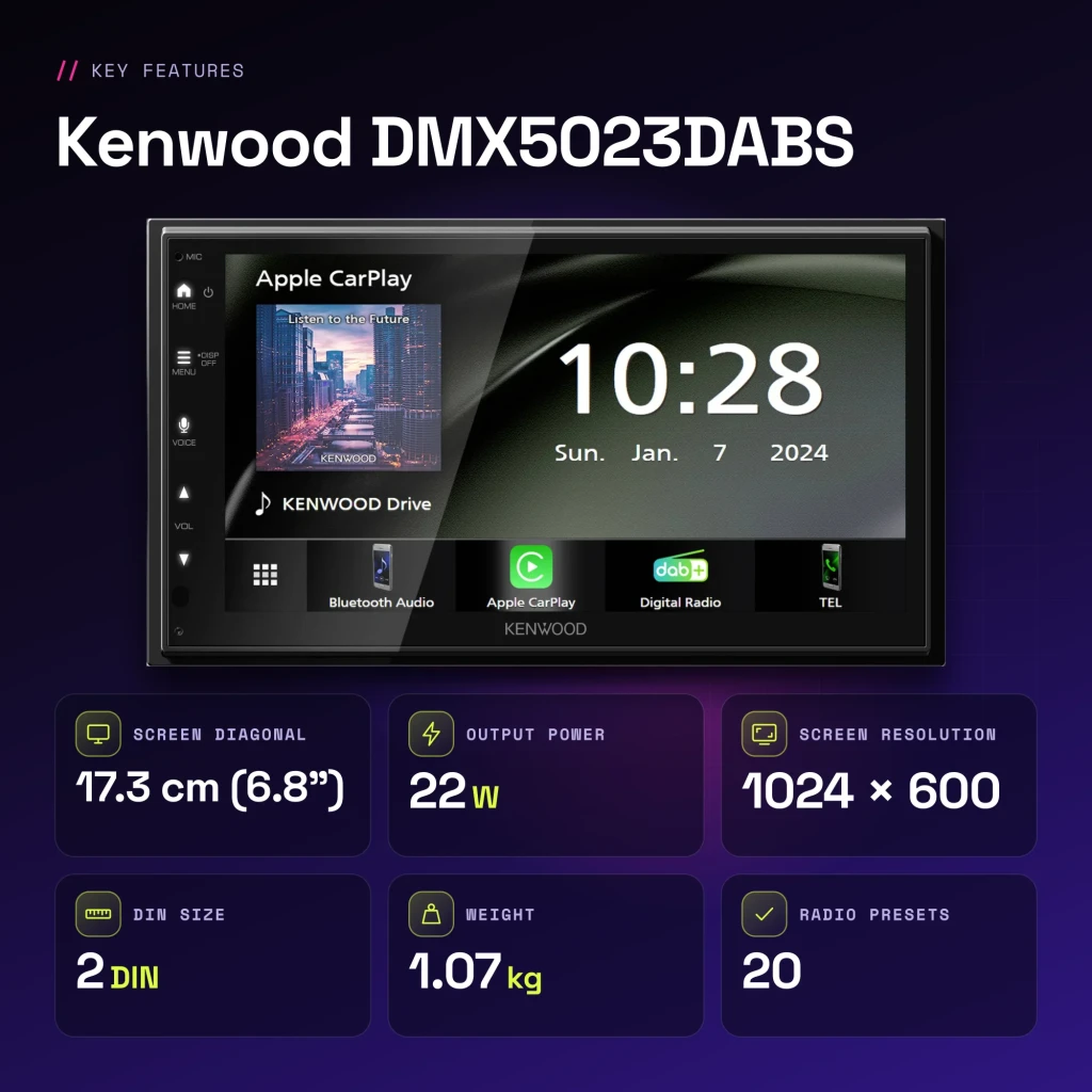 Autorradio Kenwood Negro CarPlay Android Auto Inalámbrico 6,8 pulgadas DMX5023DABS - características