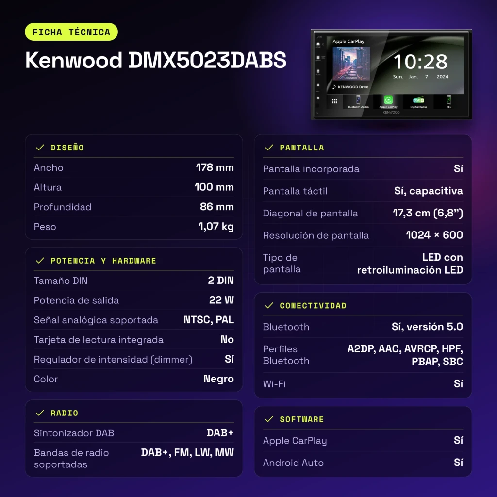 Autorradio Kenwood Negro CarPlay Android Auto Inalámbrico 6,8 pulgadas DMX5023DABS - características
