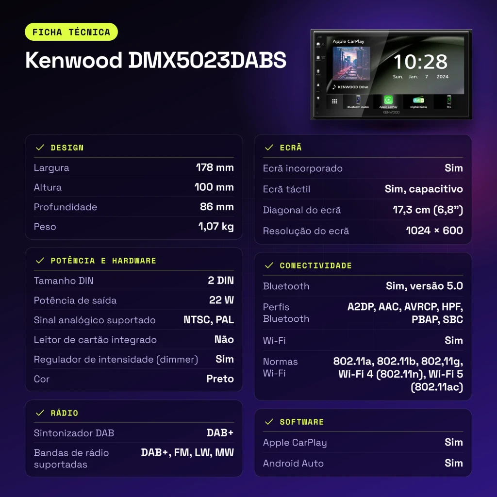 Autorradio Kenwood Negro CarPlay Android Auto Inalámbrico 6,8 pulgadas DMX5023DABS - características