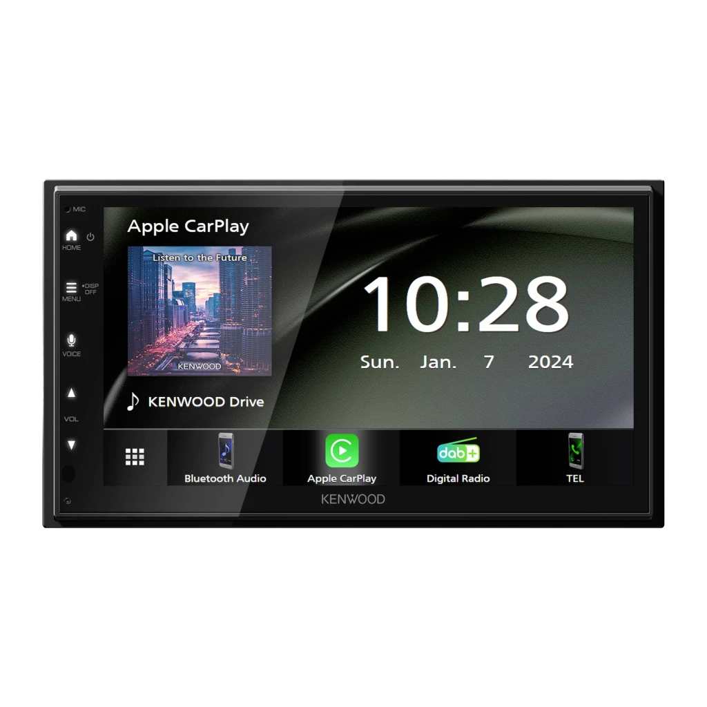Autorradio Kenwood Negro CarPlay Android Auto Inalámbrico 6,8 pulgadas DMX5023DABS, vista frontal: pantalla táctil con Apple
