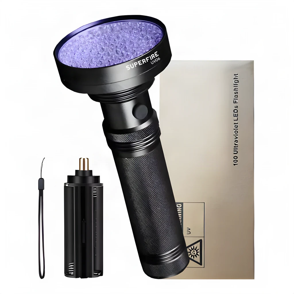 Linterna UV Superfire UV06 Negro 9V, contenido de la caja: linterna con LEDs UV encendidos, adaptador de pilas y correa