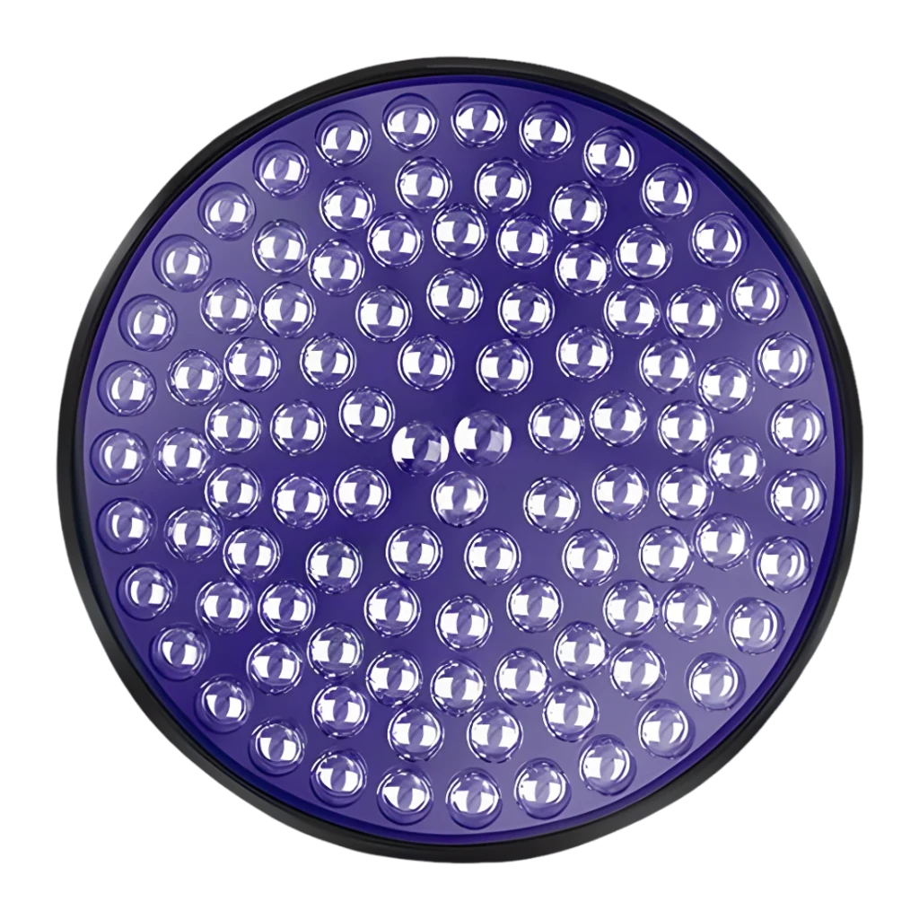 Linterna UV Superfire UV06 Negro 9V, detalle: vista frontal del cabezal con múltiples LEDs UV esféricos en matriz circular