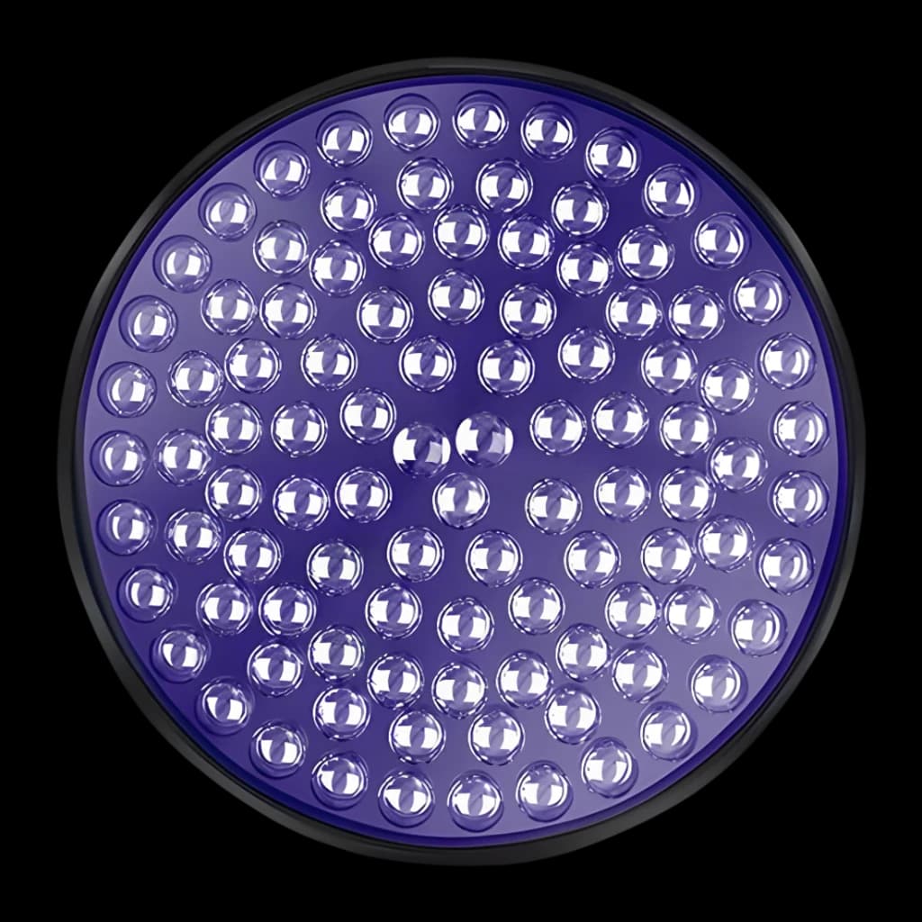 Linterna UV Superfire UV06 Negro 9V, detalle: vista frontal del cabezal con múltiples LEDs UV esféricos en matriz circular