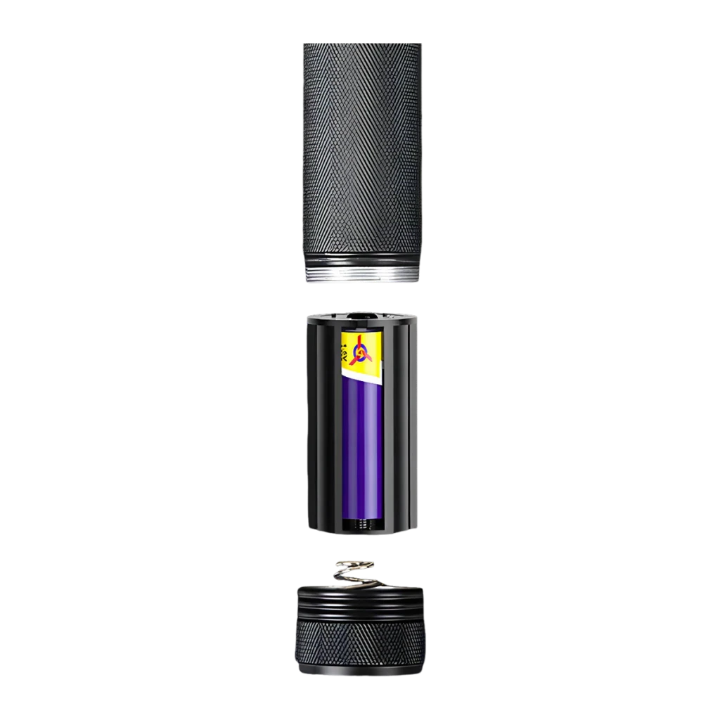 Linterna UV Superfire UV06 Negro 9V, detalle: vista explosionada con cuerpo, compartimento y pila 9V visibles