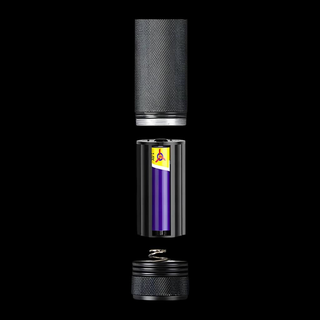 Linterna UV Superfire UV06 Negro 9V, detalle: vista explosionada con cuerpo, compartimento y pila 9V visibles