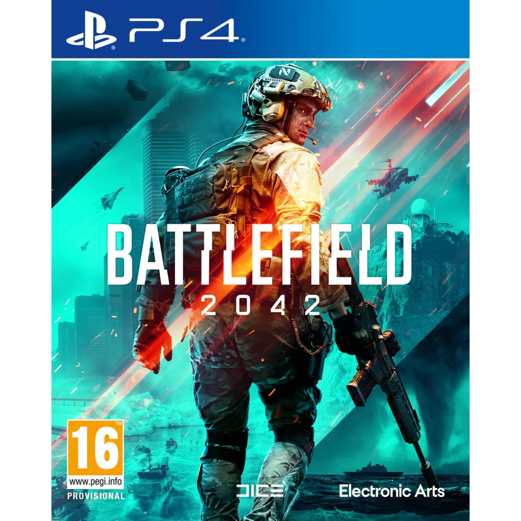 Videojuego Electronic Arts Battlefield 2042 Edición Estándar PS4, vista frontal: carátula con soldado armado, helicópteros