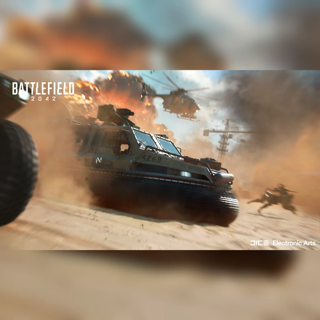 Videojuego Electronic Arts Battlefield 2042 Edición Estándar PS4, en uso: aerodeslizador blindado en desierto