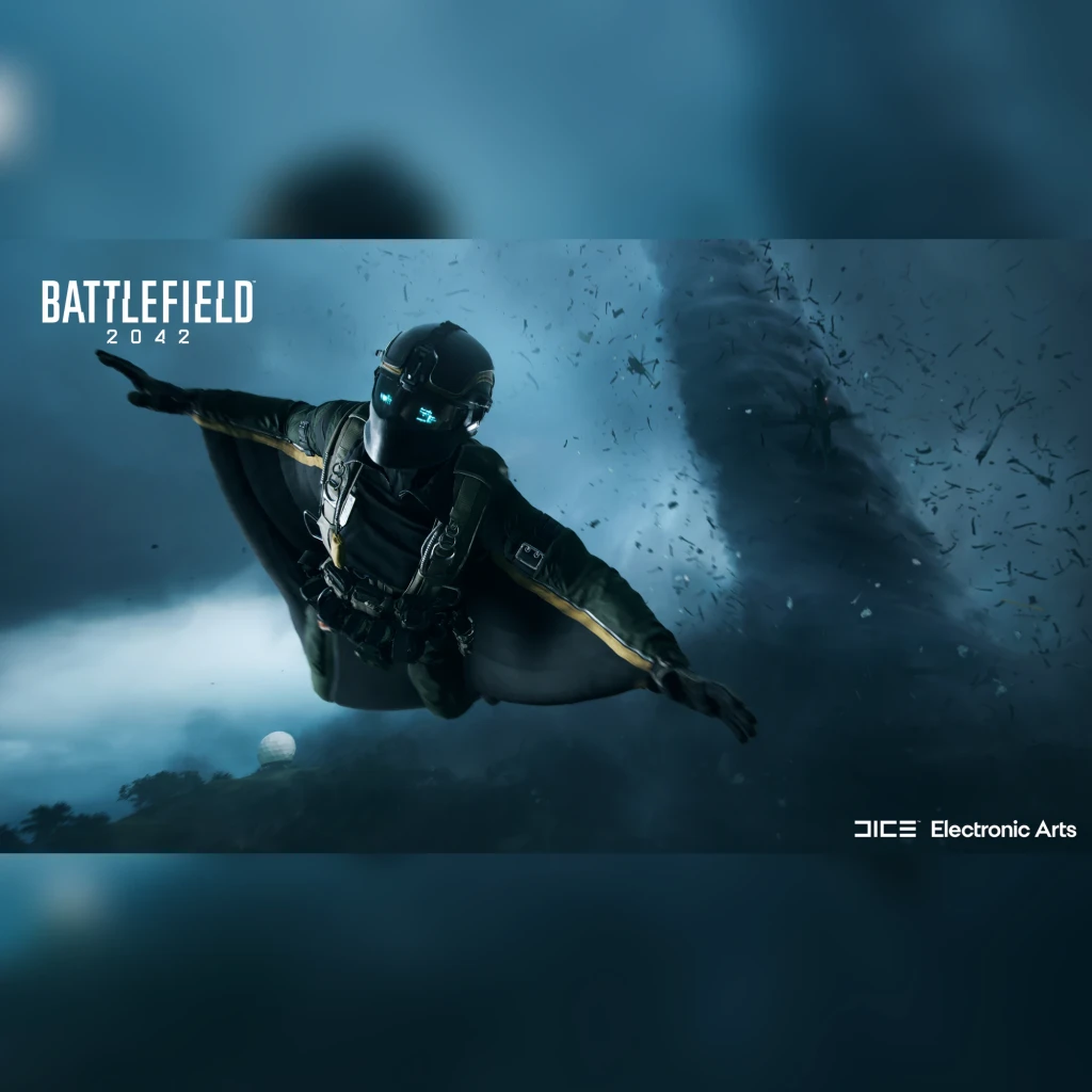 Videojuego Electronic Arts Battlefield 2042 Edición Estándar PS4, en uso: soldado con wingsuit volando ante un tornado