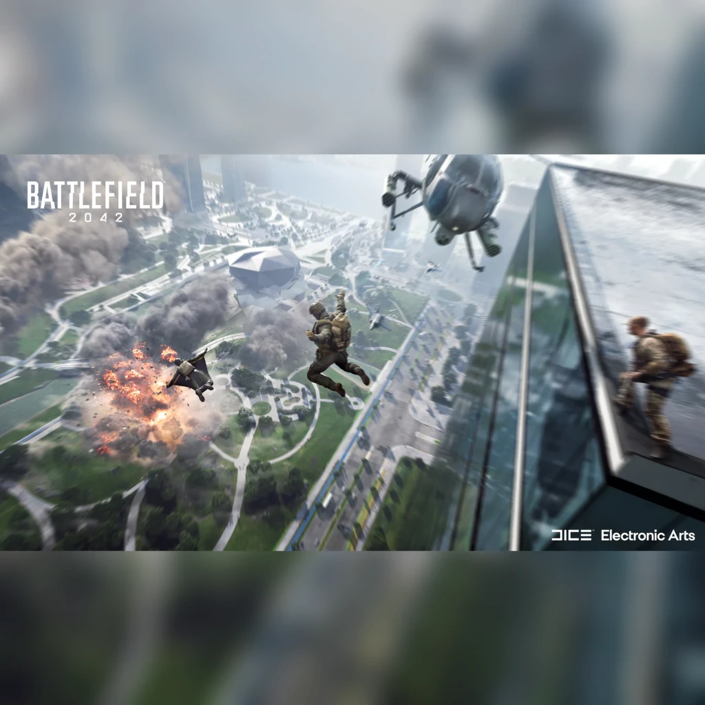 Videojuego Electronic Arts Battlefield 2042 Edición Estándar PS4, en uso: soldados en caída libre junto a rascacielos