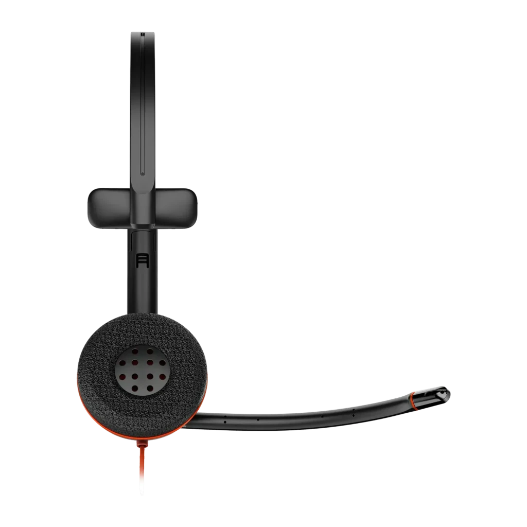 Auriculares Poly Blackwire 3215 Monaural USB-C Diadema / Jack 3,5mm Negro, detalle: almohadilla, micrófono flexible y acento