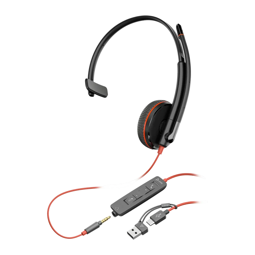 Auriculares Poly Blackwire 3215 Monaural USB-C Diadema / Jack 3,5mm Negro, detalle: cable rojo con mando en línea, conector