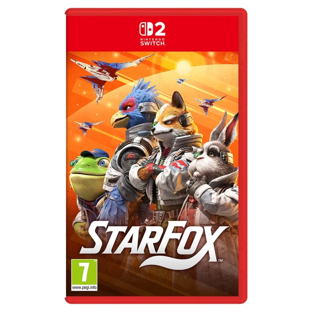 Jogo Star Fox para Nintendo Switch 2 - Edição Padrão, vista frontal: capa com Fox, Falco, Slippy e Peppy e naves em fundo