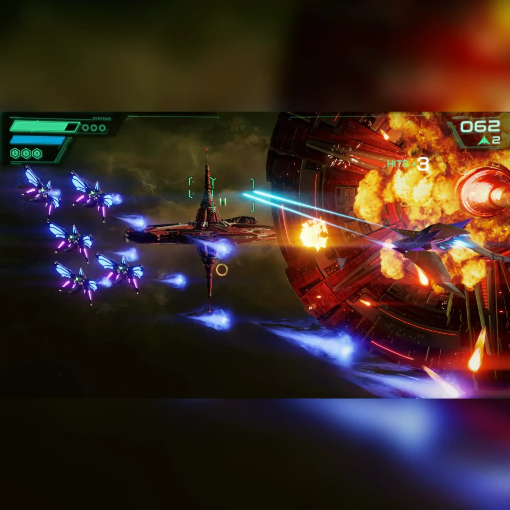 Jogo Star Fox para Nintendo Switch 2 - Edição Padrão, em uso: batalha espacial com naves inimigas, explosões e laser azul
