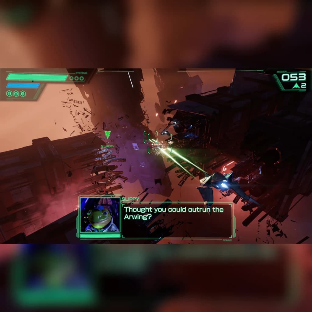 Jogo Star Fox para Nintendo Switch 2 - Edição Padrão, em uso: gameplay com Arwing disparando e diálogo do Slippy no ecrã