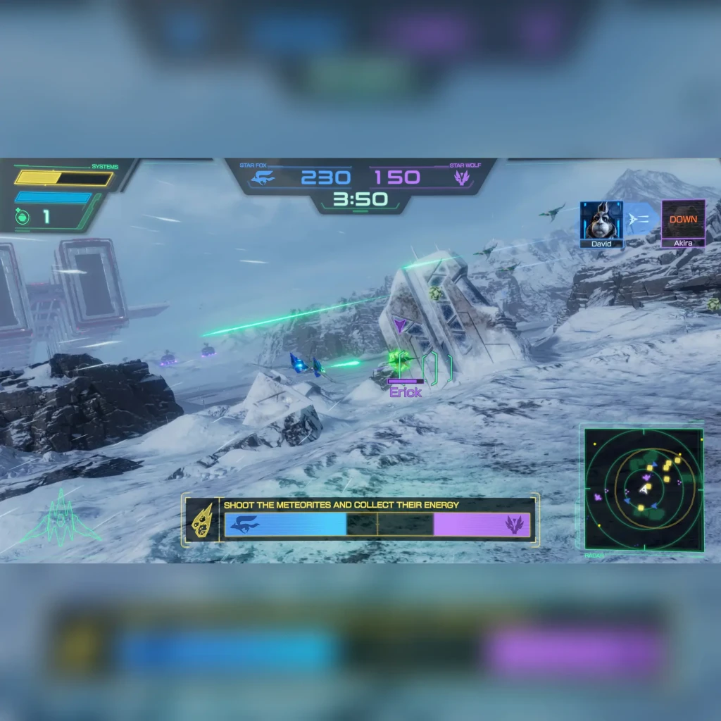 Jogo Star Fox para Nintendo Switch 2 - Edição Padrão, em uso: gameplay multijogador em cenário nevado com placar Star Fox