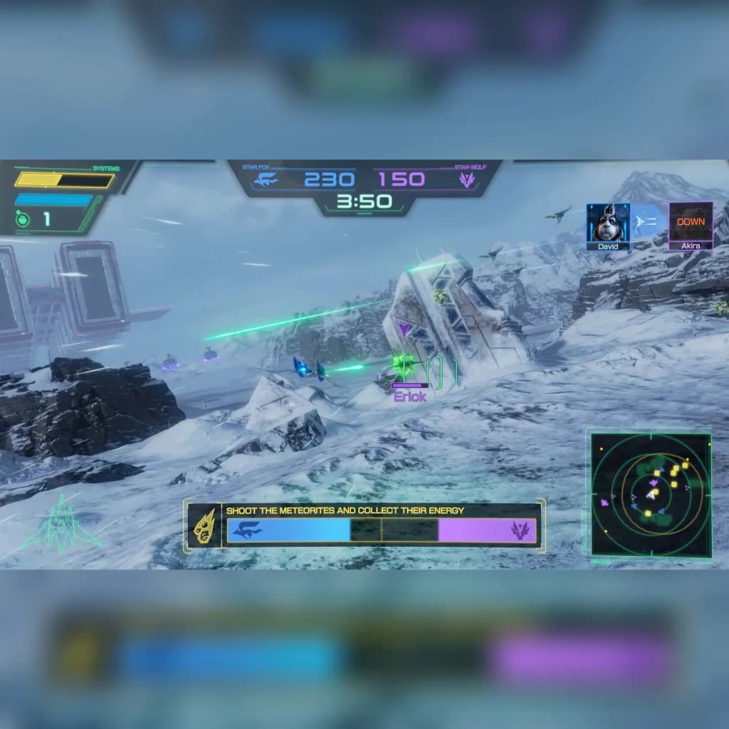 Jogo Star Fox para Nintendo Switch 2 - Edição Padrão, em uso: gameplay multijogador em cenário nevado com placar Star Fox