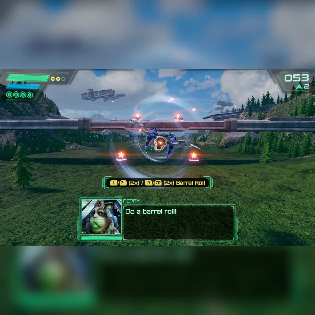 Jogo Star Fox para Nintendo Switch 2 - Edição Padrão em uso: Arwing em barrel roll com diálogo do Peppy no ecrã