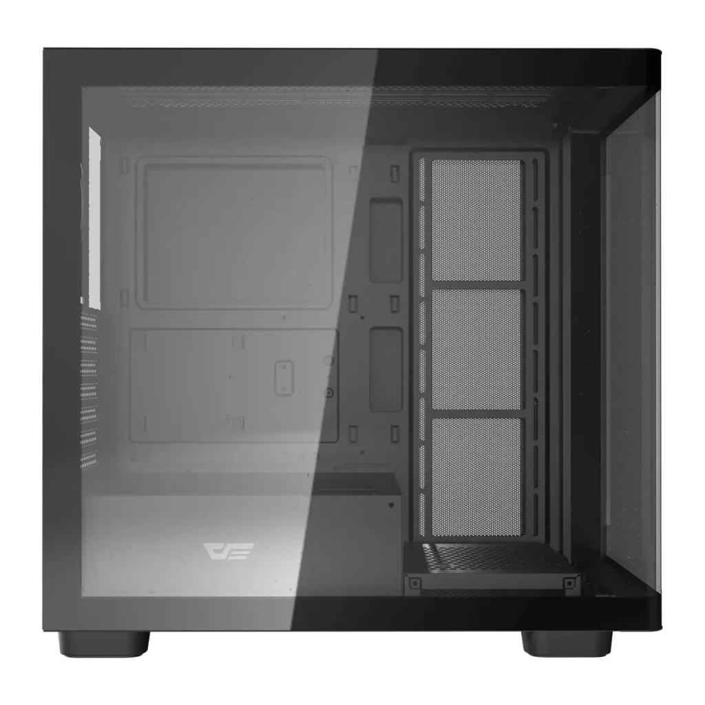 Caja PC Darkflash Cristal Templado Curvado ATX Mid Tower Negro DS900G, detalle: panel lateral de cristal curvado con logo