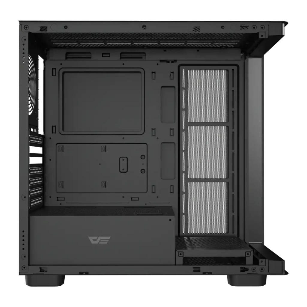Caja PC Darkflash Cristal Templado Curvado ATX Mid Tower Negro DS900G, detalle interior: bandeja motherboard, zona PSU