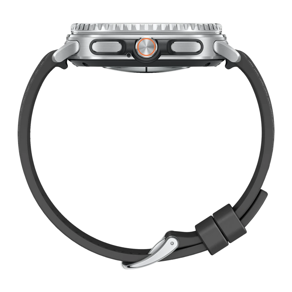 Samsung Galaxy Watch 8 Classic 46mm GPS+Cellular Negro Tensión arterial, detalle lateral: corona naranja, botones y correa