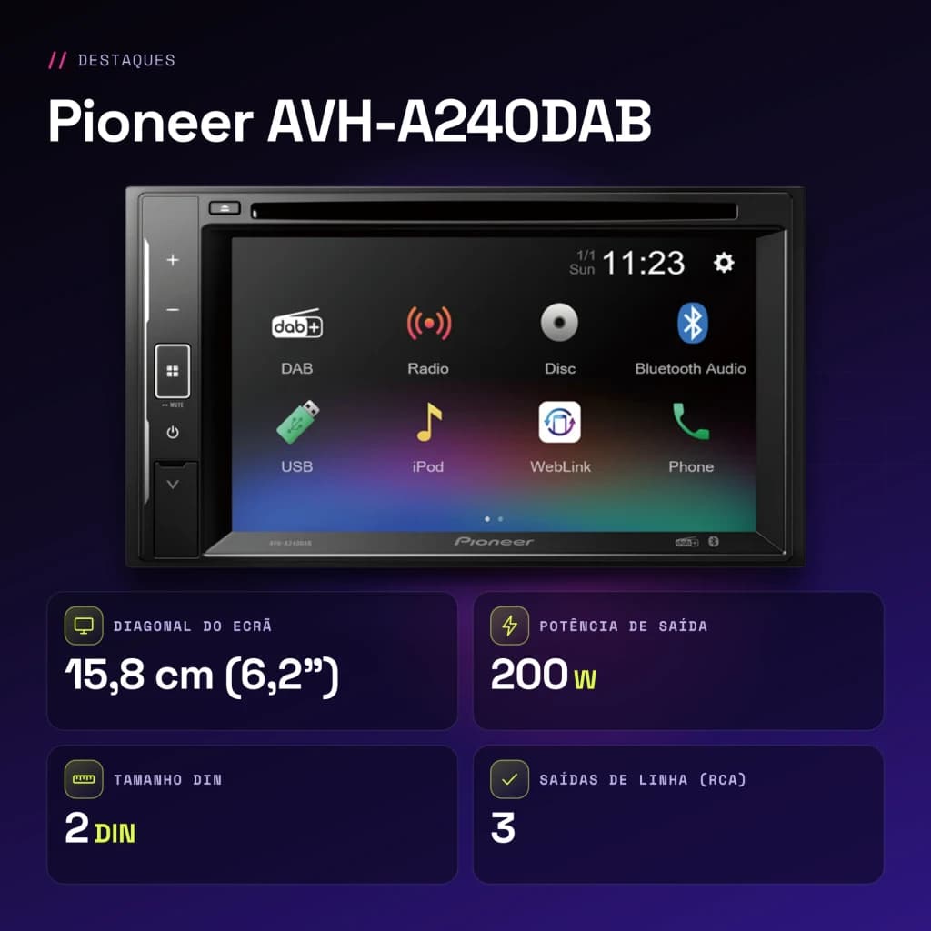 Autorradio Pioneer Negro 6.2 pulgadas 2 DIN Bluetooth AVH-A240DAB - características