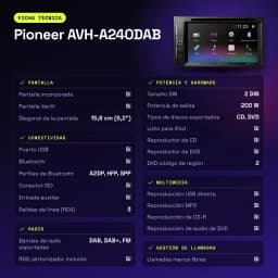 Autorradio Pioneer Negro 6.2 pulgadas 2 DIN Bluetooth AVH-A240DAB - características