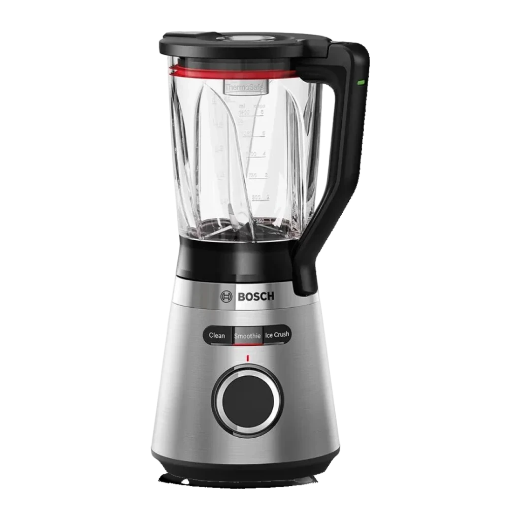 Batidora de vaso Bosch VitaPower 1.5L 1200W Negro MMB6382M, vista frontal: base plateada con mando giratorio, botones Clean