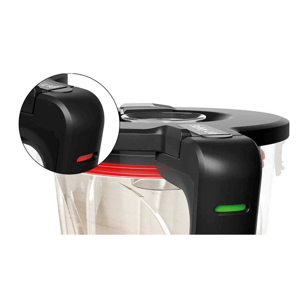 Batidora de vaso Bosch VitaPower 1.5L 1200W Negro MMB6382M, detalle: cierre de tapa con indicador rojo de bloqueo y LED