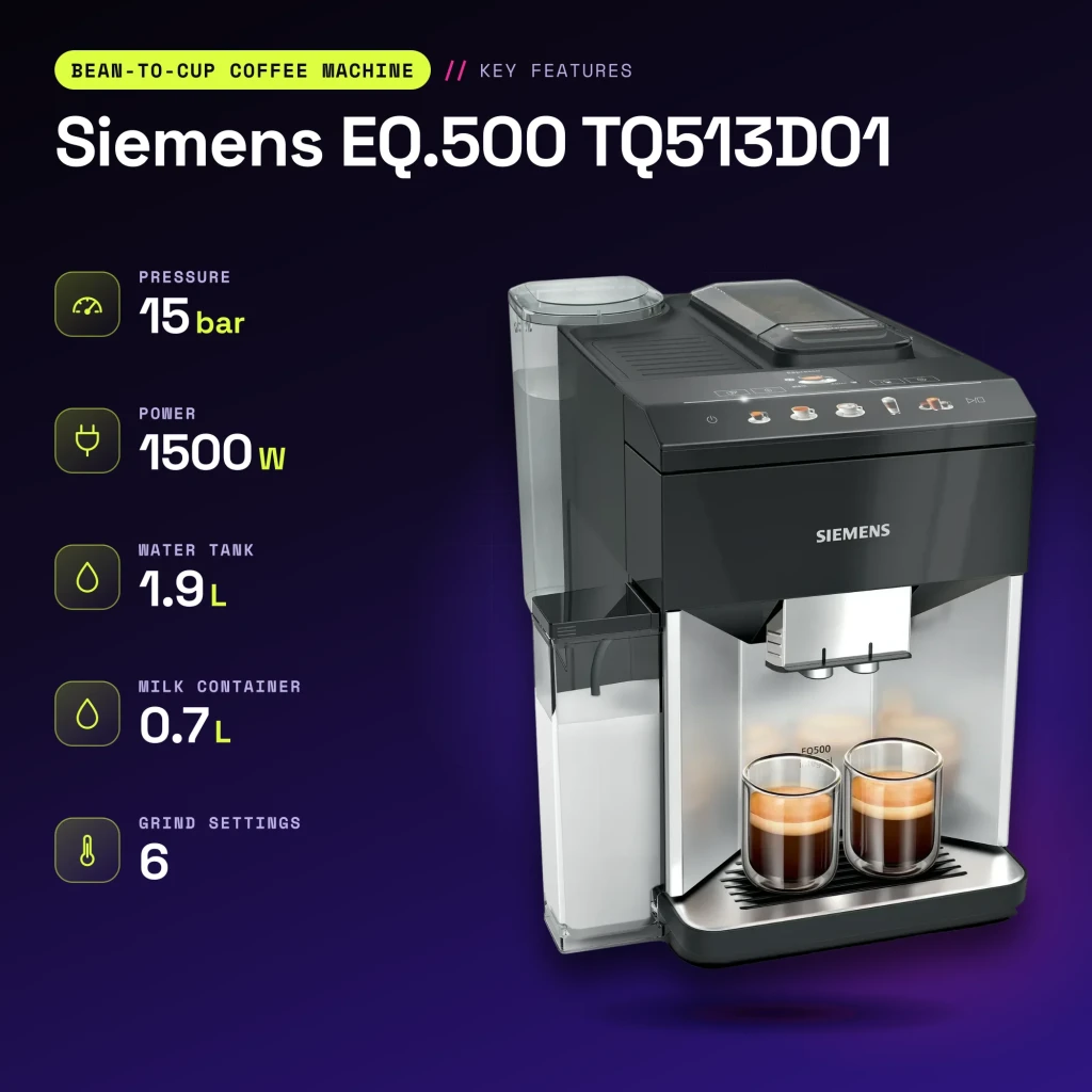 Cafetière Superautomatique Siemens EQ.500 1,9L Moulin Céramique Automatique Argent/Noir TQ513D01 - caractéristiques