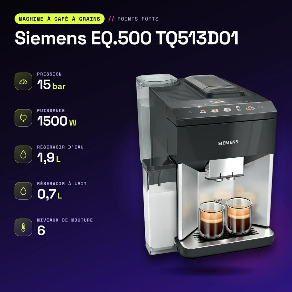 Cafetière Superautomatique Siemens EQ.500 1,9L Moulin Céramique Automatique Argent/Noir TQ513D01 - caractéristiques