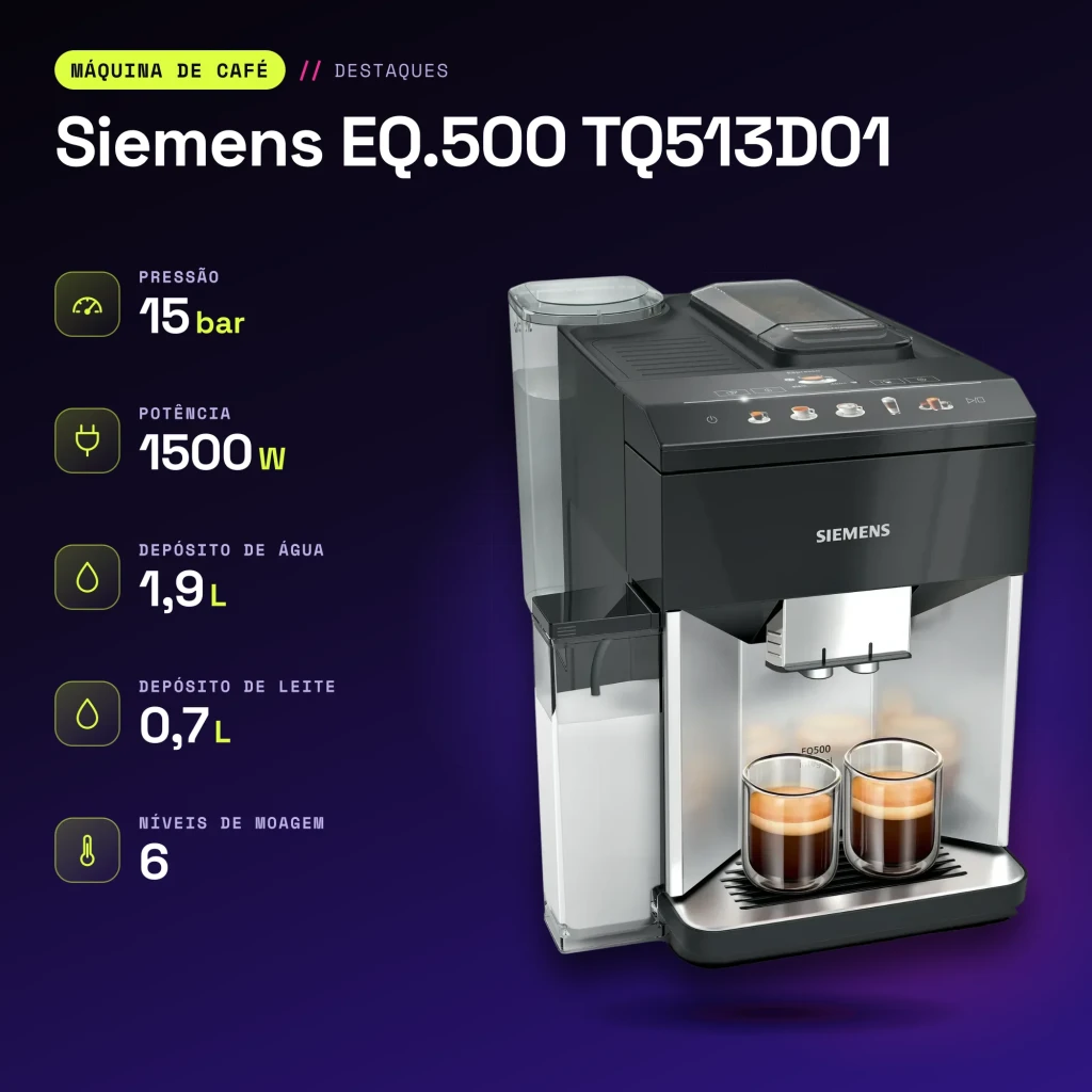 Cafetière Superautomatique Siemens EQ.500 1,9L Moulin Céramique Automatique Argent/Noir TQ513D01 - caractéristiques
