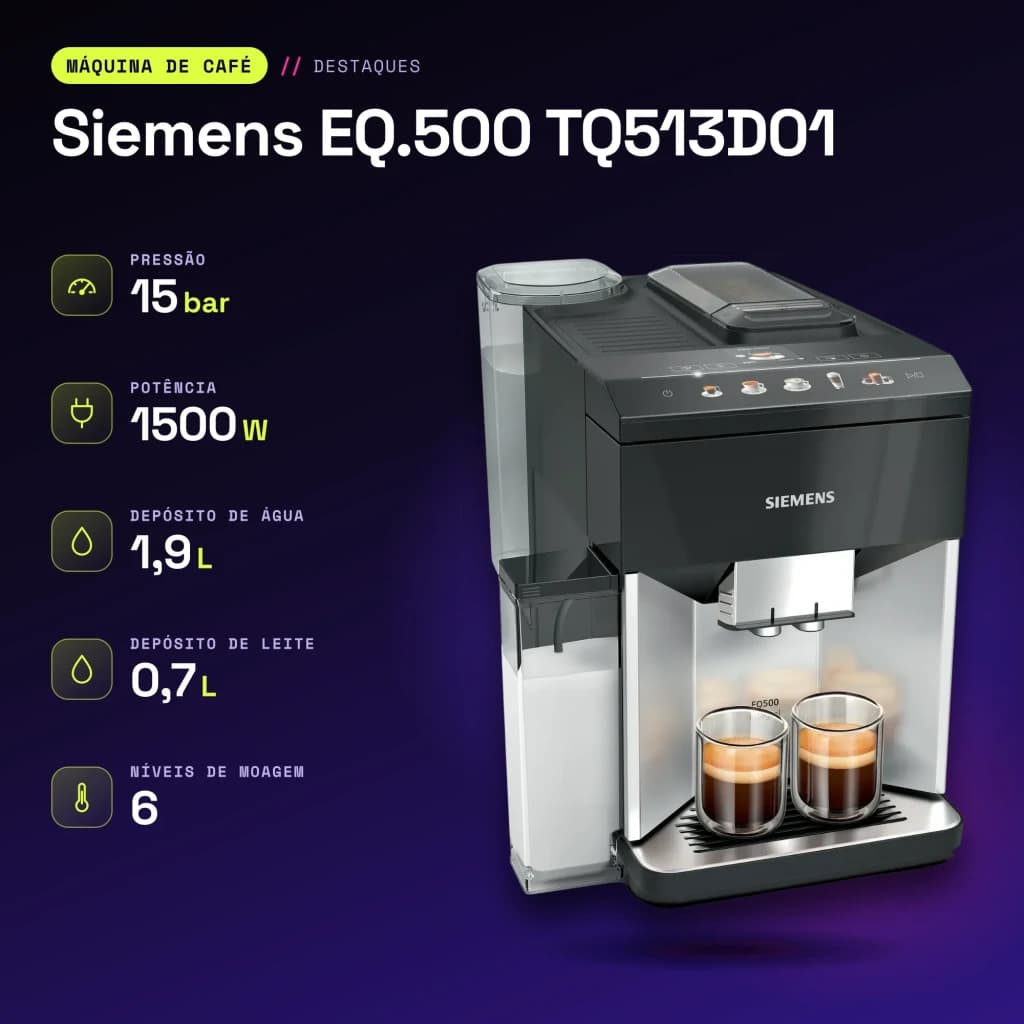 Cafetière Superautomatique Siemens EQ.500 1,9L Moulin Céramique Automatique Argent/Noir TQ513D01 - caractéristiques