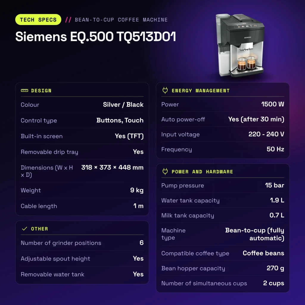 Cafetière Superautomatique Siemens EQ.500 1,9L Moulin Céramique Automatique Argent/Noir TQ513D01 - caractéristiques