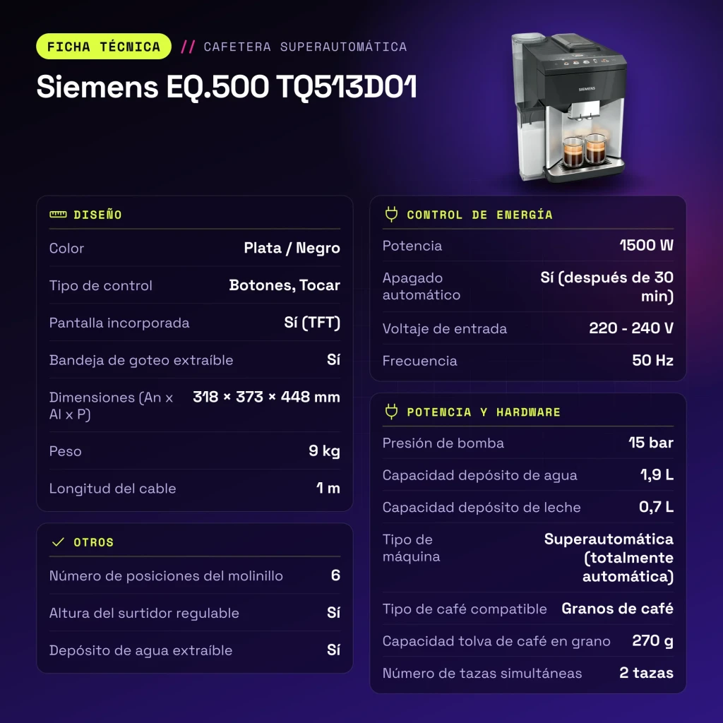 Cafetière Superautomatique Siemens EQ.500 1,9L Moulin Céramique Automatique Argent/Noir TQ513D01 - caractéristiques