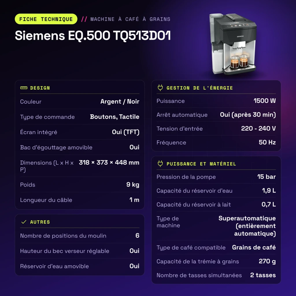Cafetière Superautomatique Siemens EQ.500 1,9L Moulin Céramique Automatique Argent/Noir TQ513D01 - caractéristiques