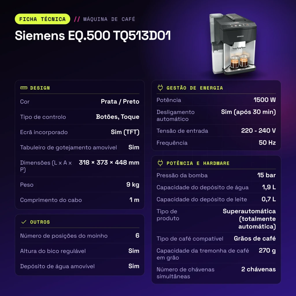 Cafetière Superautomatique Siemens EQ.500 1,9L Moulin Céramique Automatique Argent/Noir TQ513D01 - caractéristiques