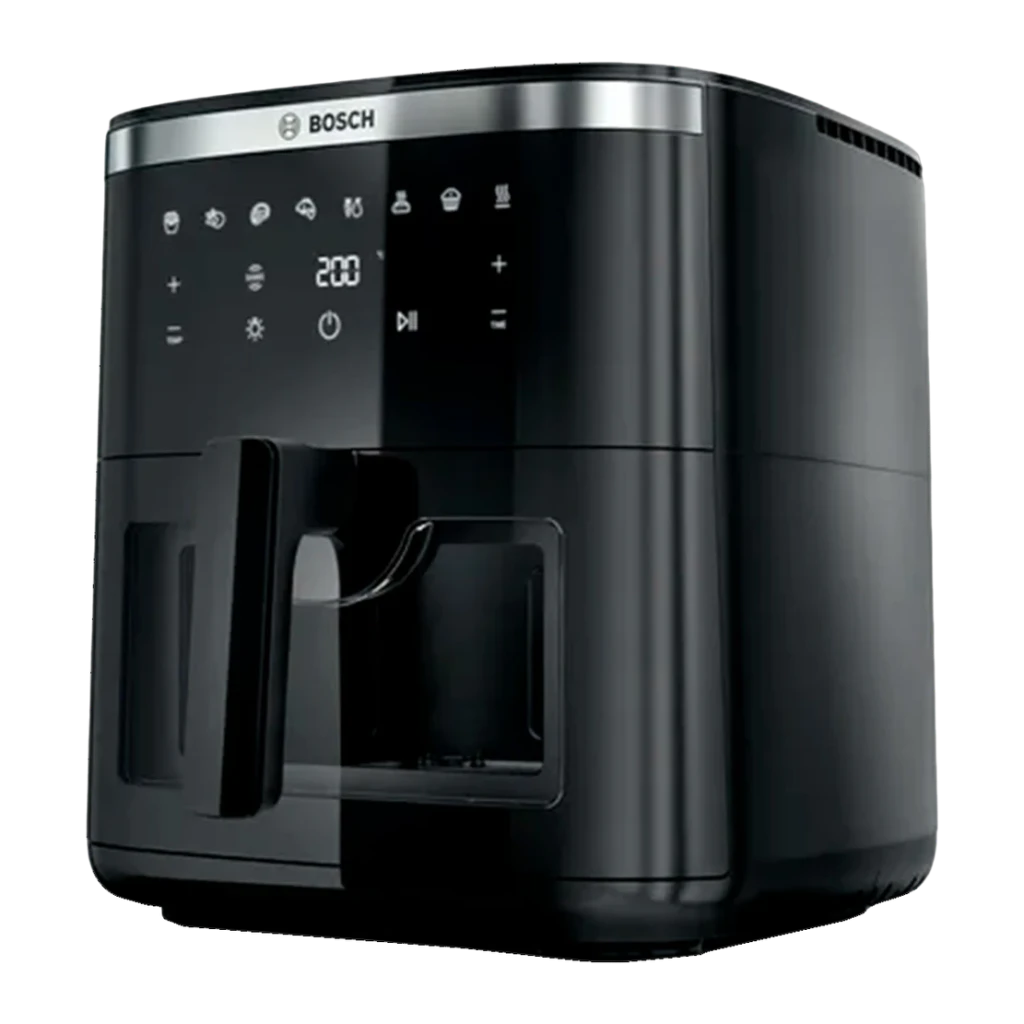 Freidora de Aire Bosch Serie 6 7,2L 1800W 7 programas Negro MAF671B1, vista frontal: panel táctil con display digital, cajón