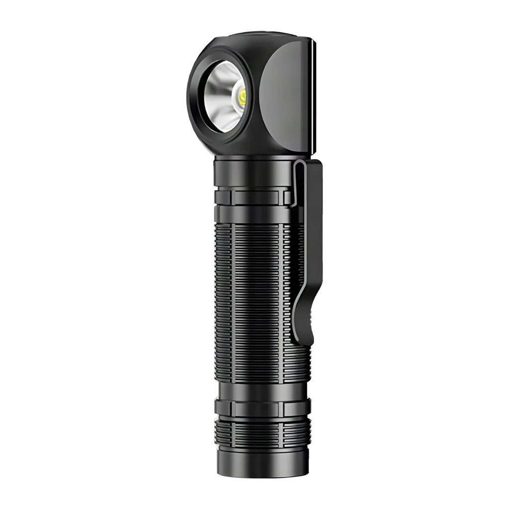 Lanterna frontal Superfire TH06 Preto USB-C recarregável 600 lúmens 111 m, vista frontal: corpo estriado preto com cabeça